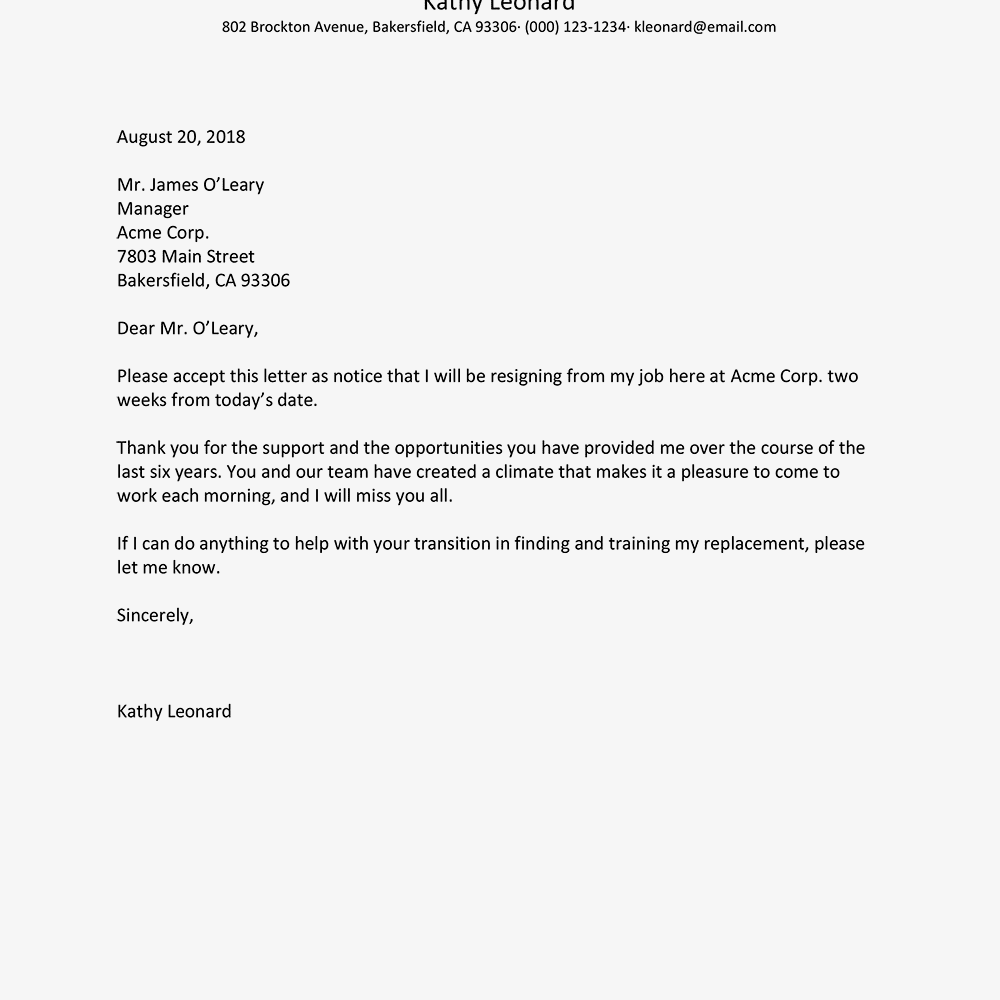 Sample Resignation letter
